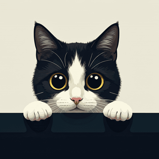 A stylized, minimalist vector illustration of Sozo, a black and white tuxedo cat, with very large, cute, dilated pupils, in a playful peeking pose over a dark surface.